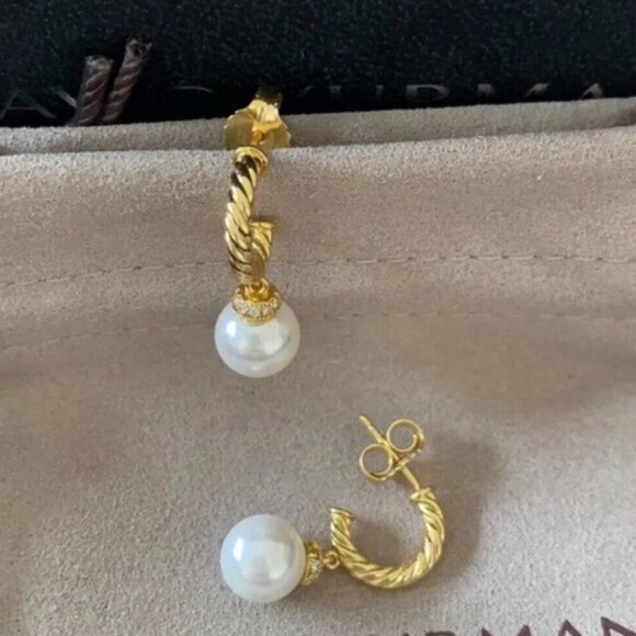 David Yurman Twisted Gold and Pearl Earrings - Picture 4 of 5